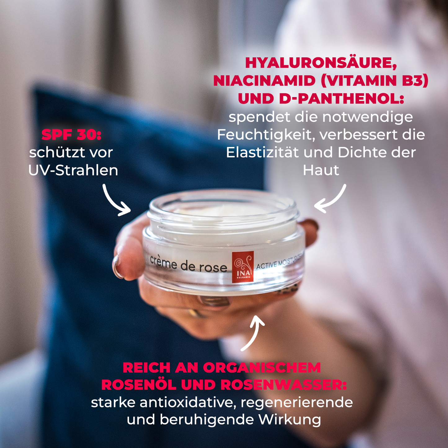 Crème de rose - Gesichtscreme mit SPF 30 - stark angereichert mit ätherischem Bio-Rosenöl