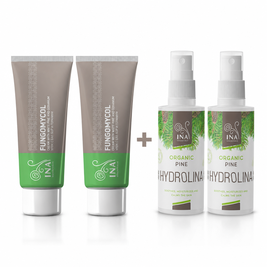 Kaufen Sie 2 Cremes gegen Nagelpilz oder trockene und rissige Haut und erhalten Sie 2 Bio-Weißkiefernwässer gratis InaEssentials Deutschland