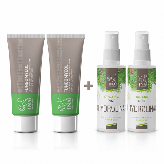 Kaufen Sie 2 Cremes gegen Nagelpilz oder trockene und rissige Haut und erhalten Sie 2 Bio-Weißkiefernwässer gratis InaEssentials Deutschland