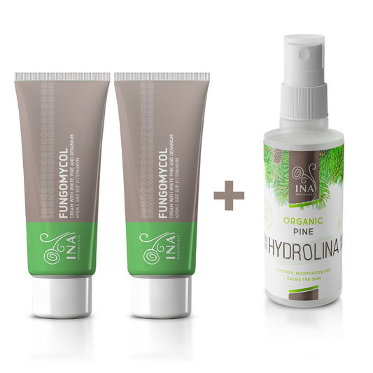 Kaufen Sie 2 Cremes gegen Nagelpilz oder trockene und rissige Haut und erhalten Sie 1 Bio-Weißkiefernwasser gratis.