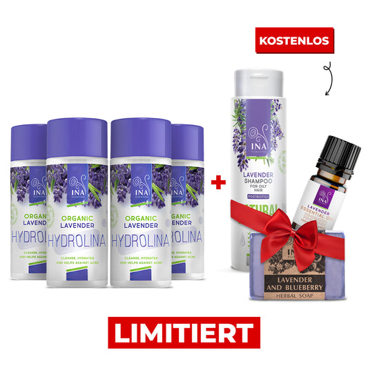 Kaufen Sie 4 Lavendel Hydrolina und erhalten Sie 1 Lavendel Shampoo, ätherisches Öl und Seife Gratis