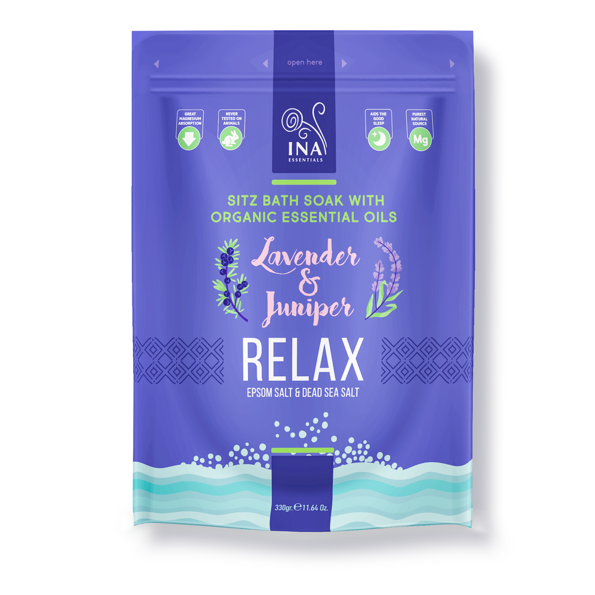 Relax–Badesalz mit Lavendel und Wacholder zur Entspannung und zum Stressabbau